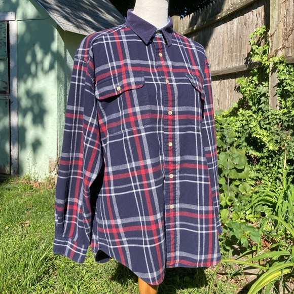 Soft Worn In Hilfiger Blue Plaid Flannel Shirt Grunge Unisex Work Shirt L - Picture 6 of 15